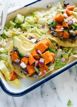 These delicious sweet potato tostadas make a great meatless dinner! Vegetarian, gluten free, and easily vegan.