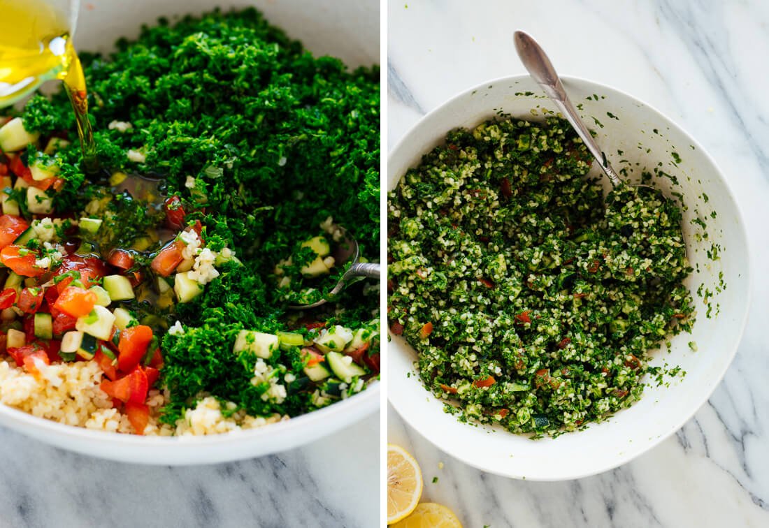 tabbouleh, before and after stirring together