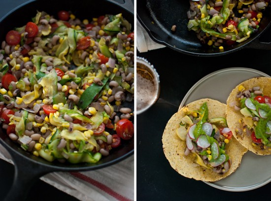 tacos with summer squash, corn and cherry tomatoes