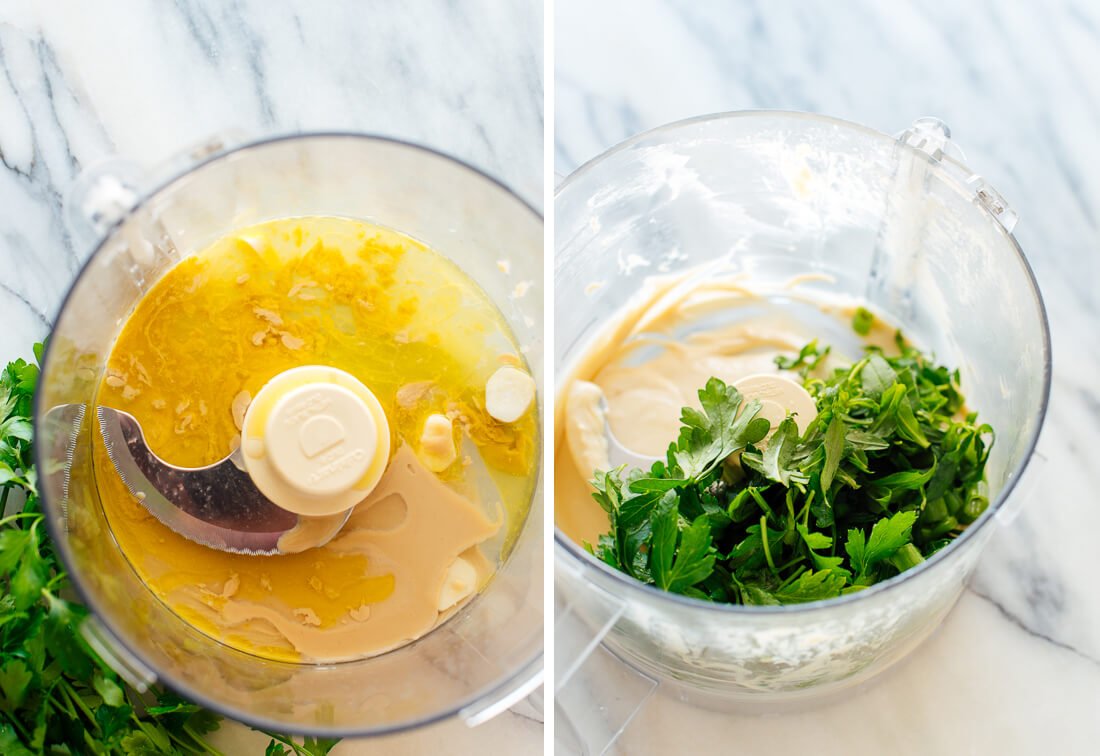 tahini, lemon juice and herbs