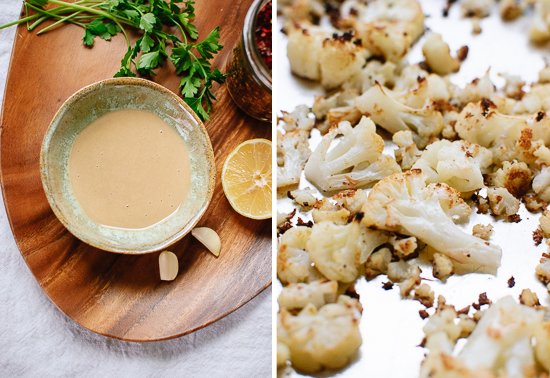 tahini sauce and roasted cauliflower