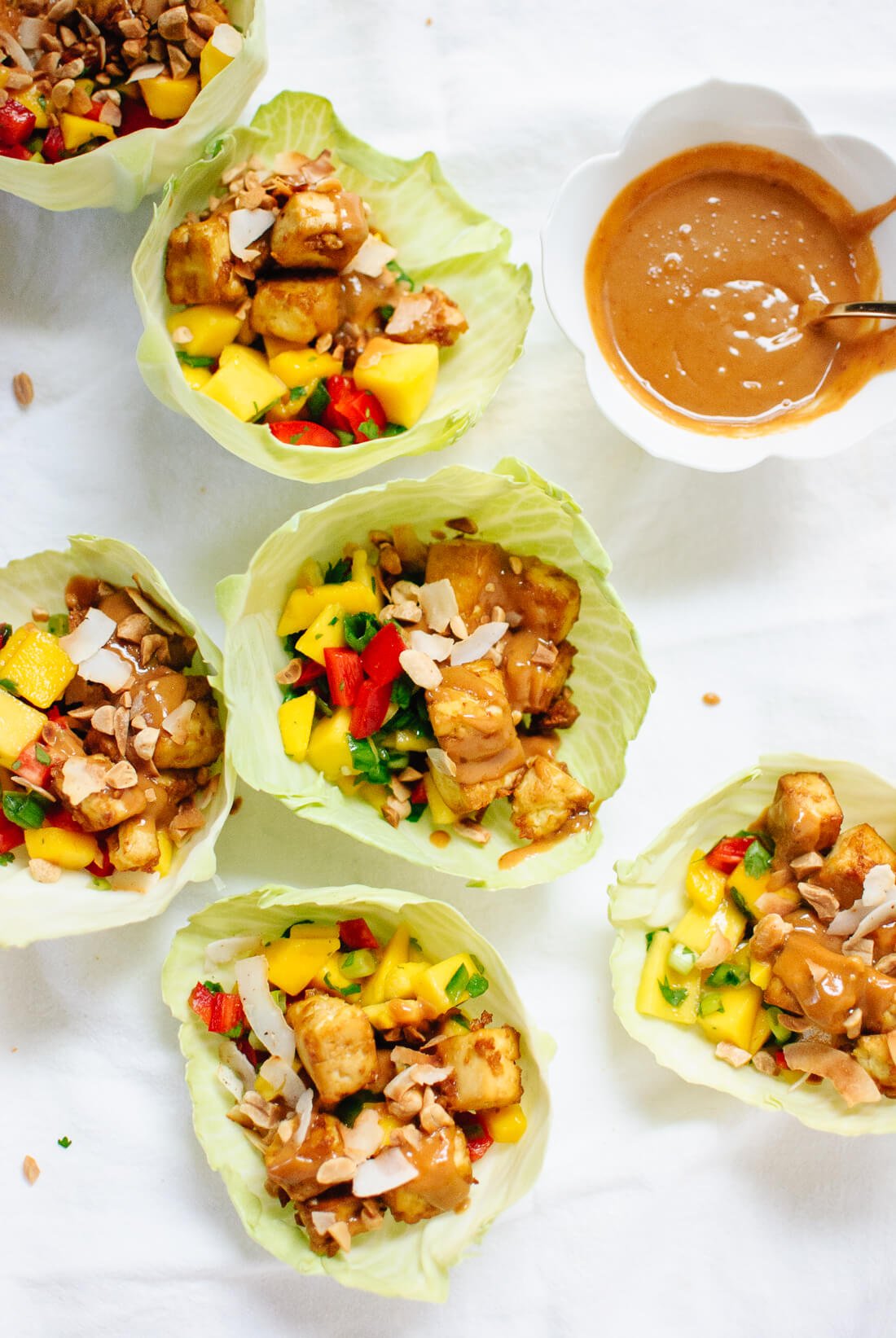 Thai Mango Cabbage Wraps with Crispy Tofu and Peanut Sauce