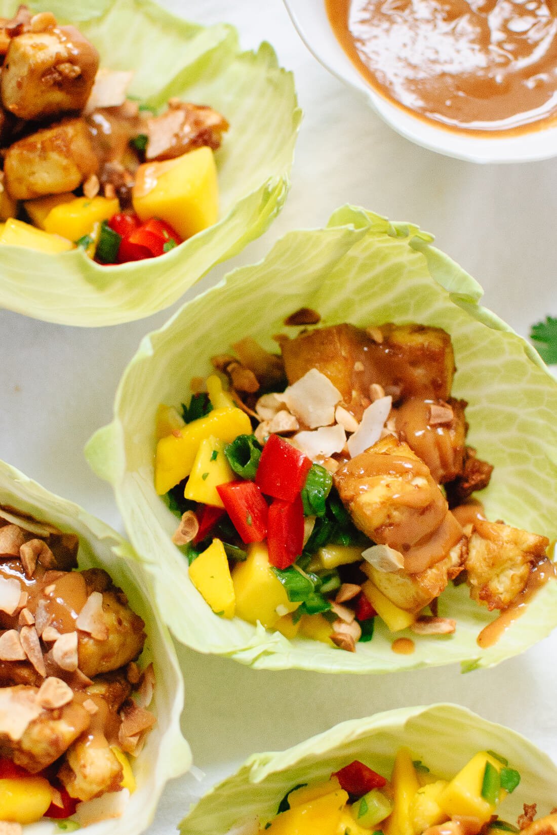 Thai Mango Cabbage Wraps with Crispy Tofu and Peanut Sauce