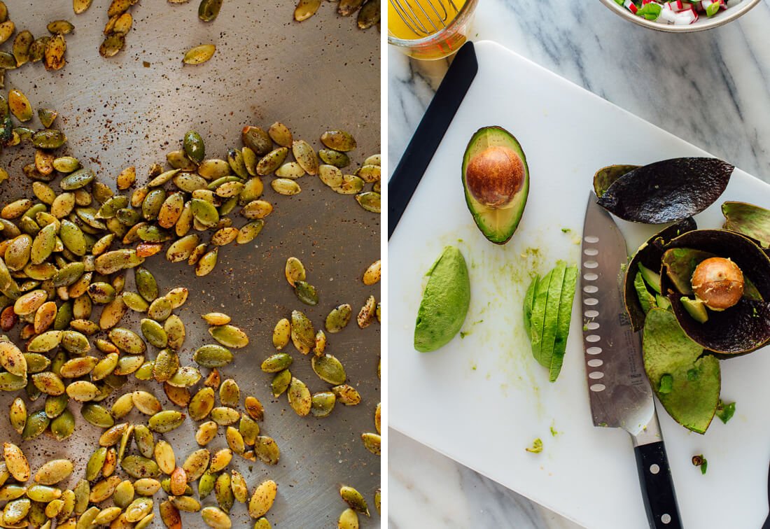 toasted pepitas and sliced avocados