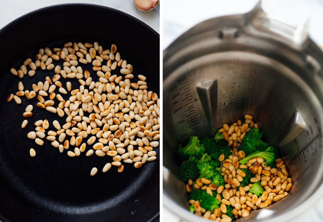 toasted pine nuts and steamed broccoli