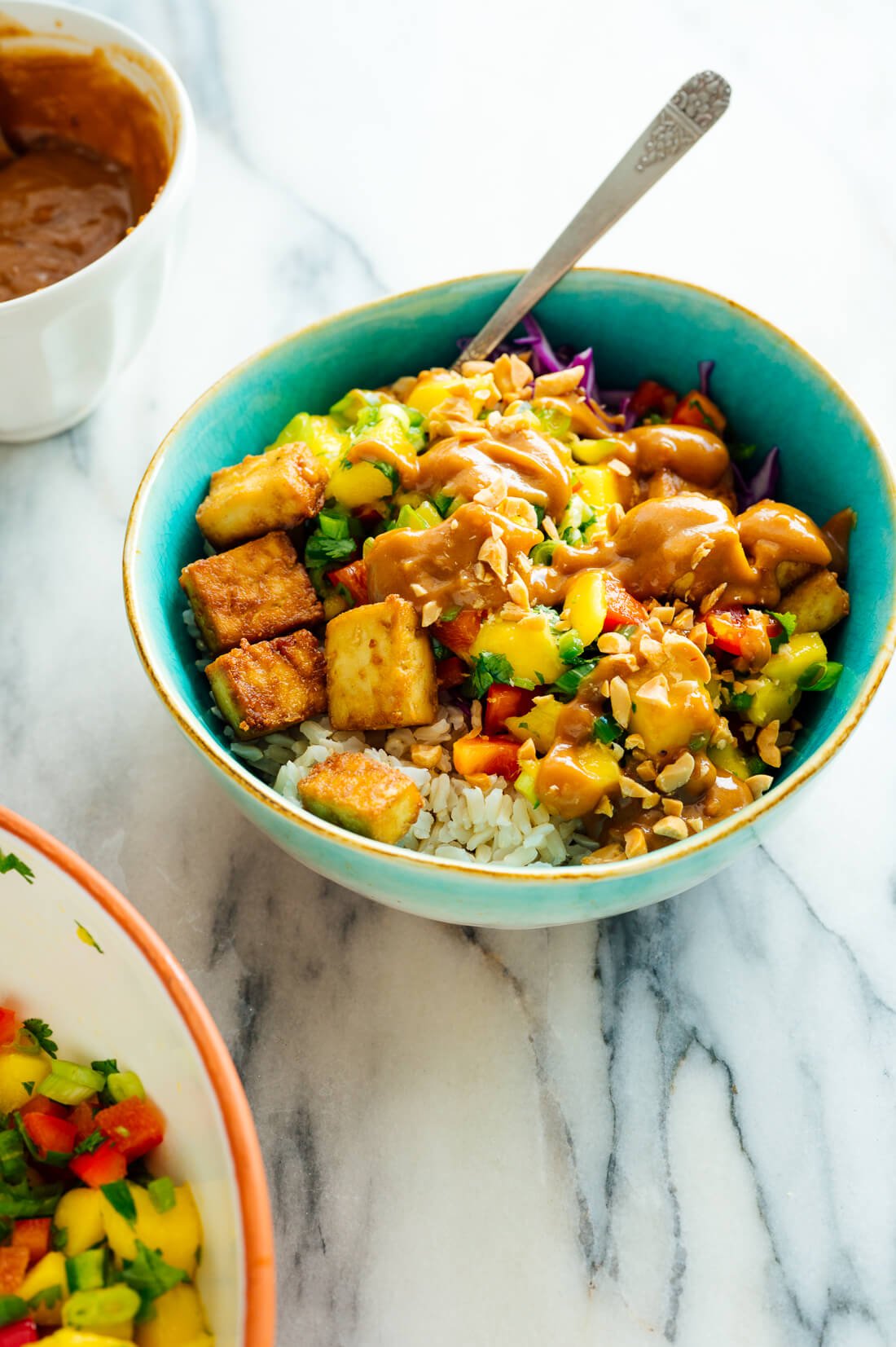 Mango Burrito Bowls with Crispy Tofu and Peanut Sauce