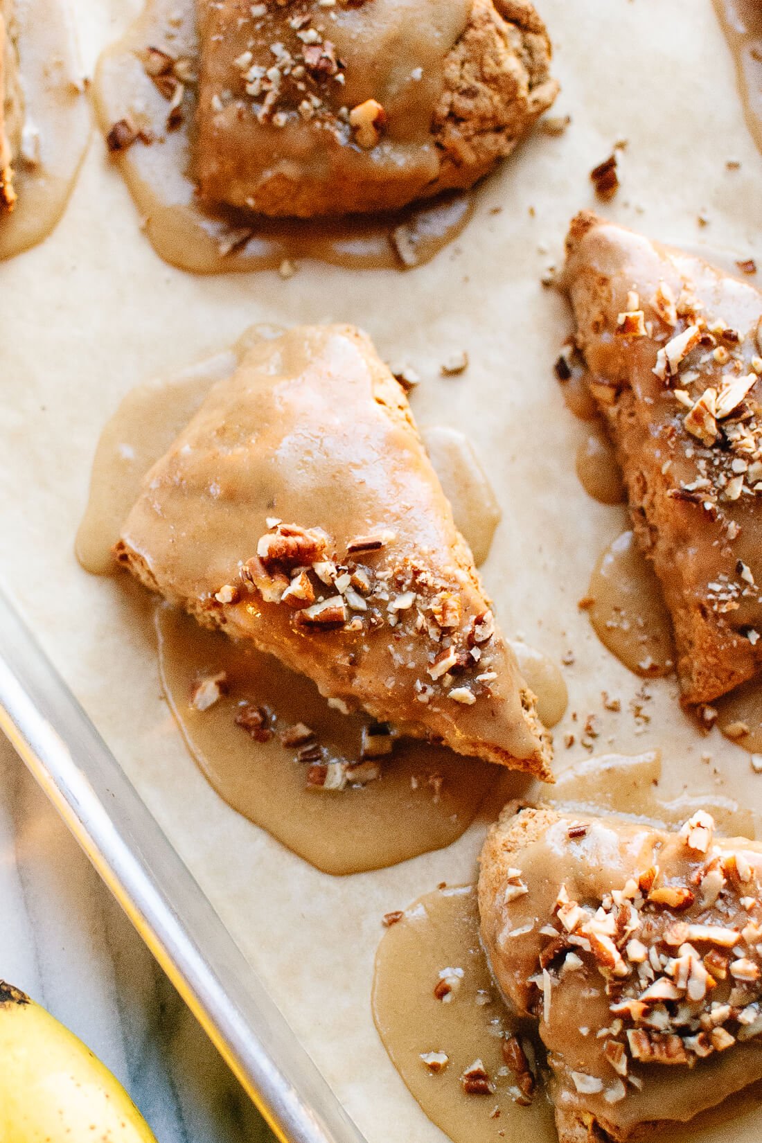 Banana nut scones with maple glaze