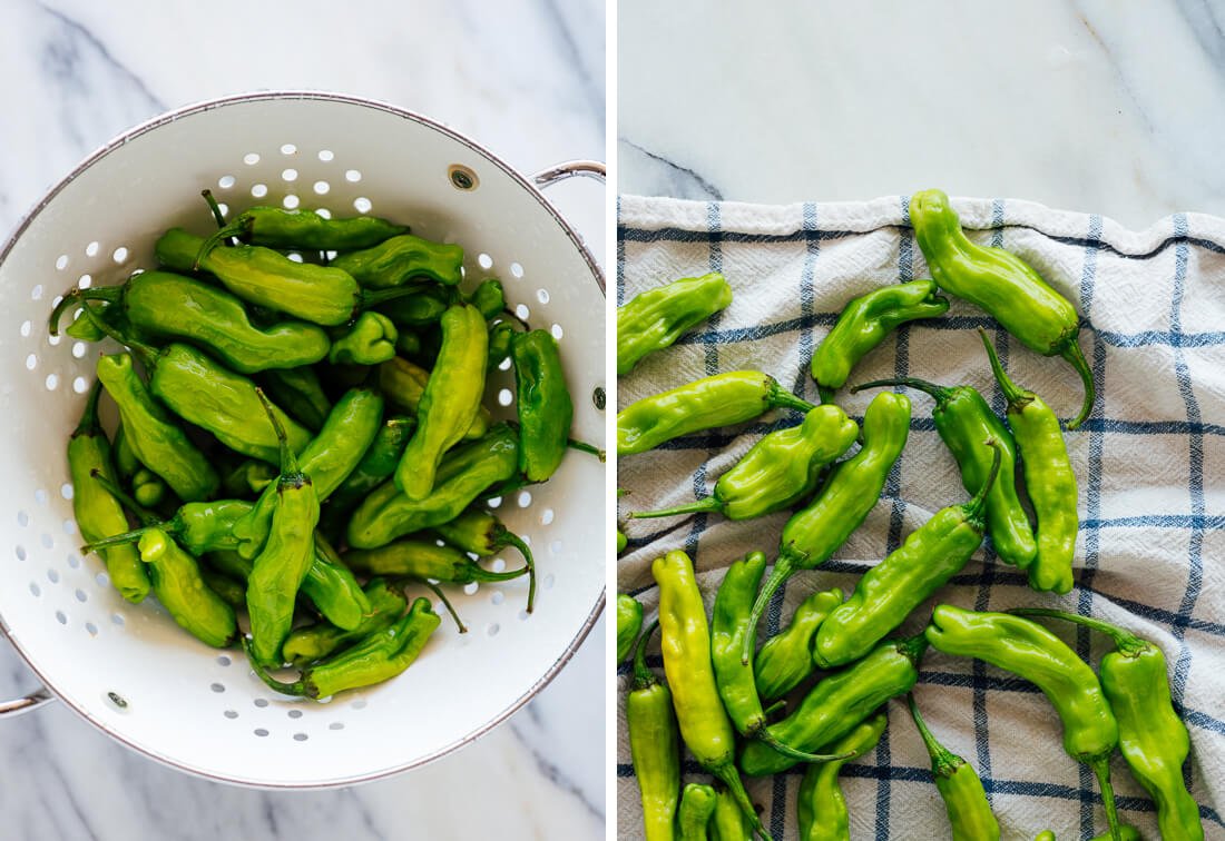 washed and dried shishito peppers