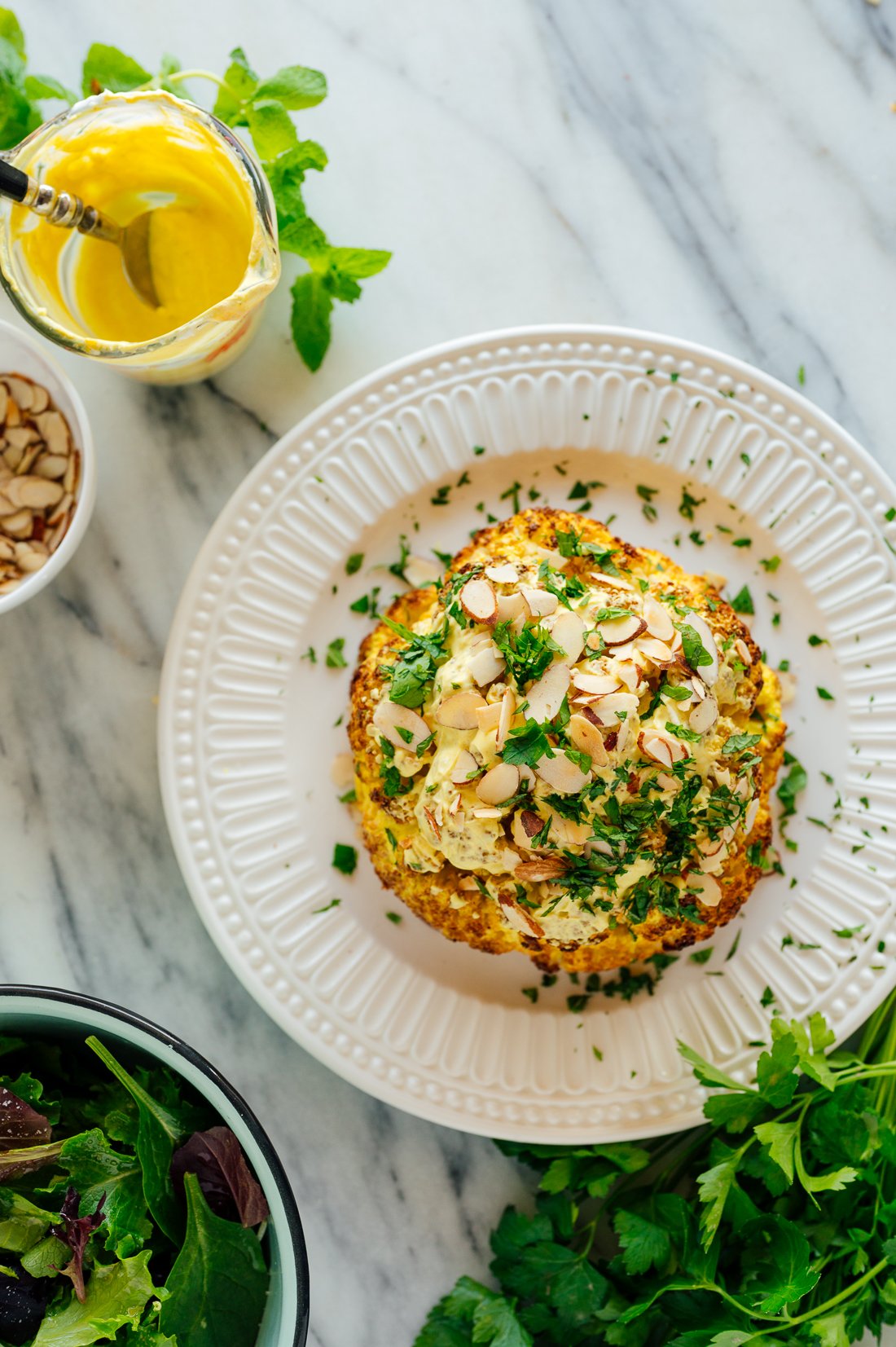 whole roasted cauliflower recipe with spiced yogurt