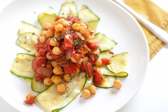 zucchini noodles with arrabiata sauce and chickpeas